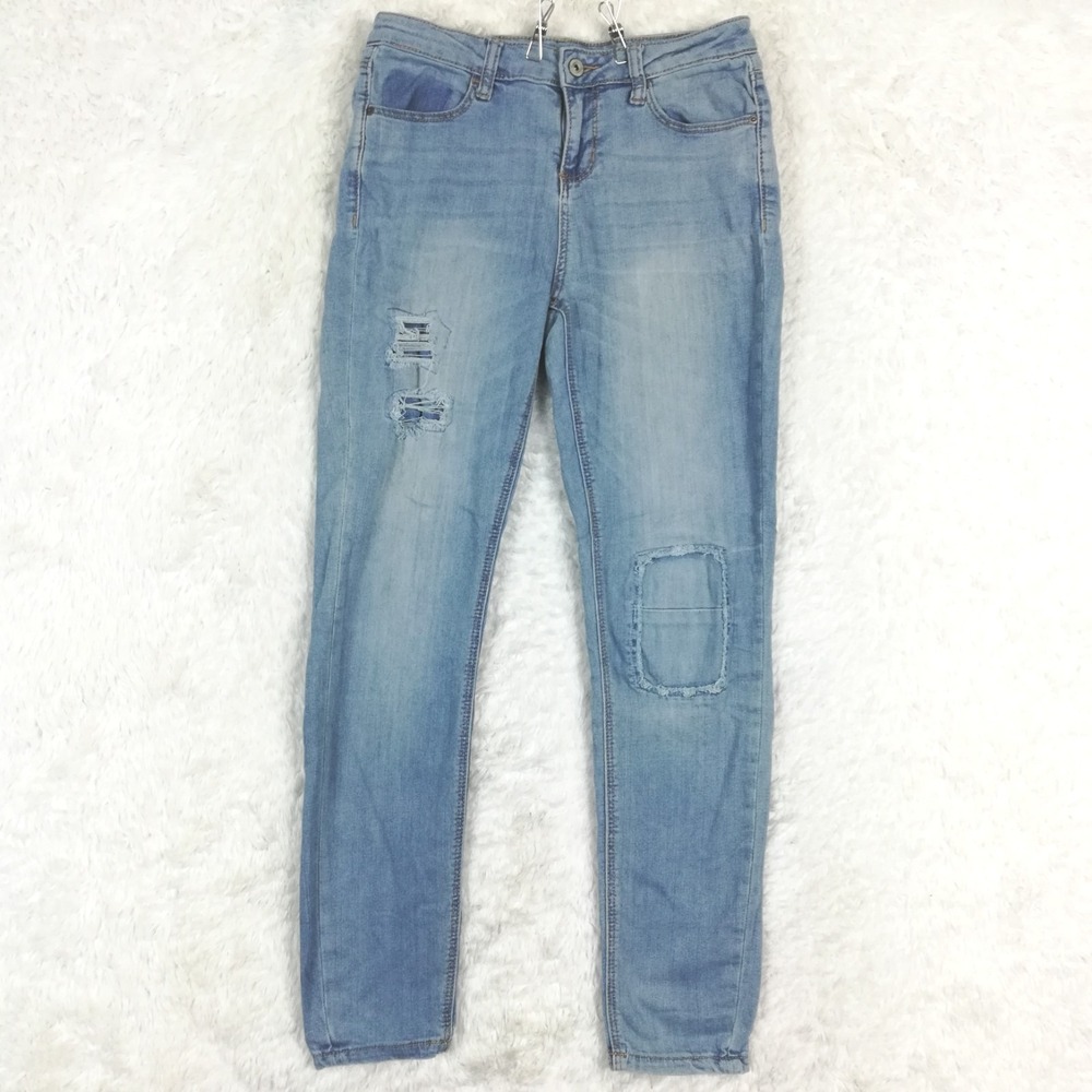 Vanilla Star Womens‎ Jeans Mid Rise Skinny Blue Denim Patched Light Wash 9